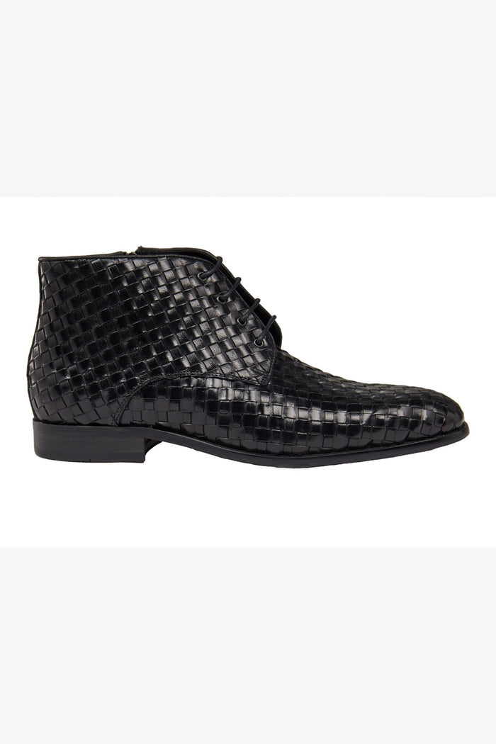 BLACK LEATHER WOVEN BOOTS