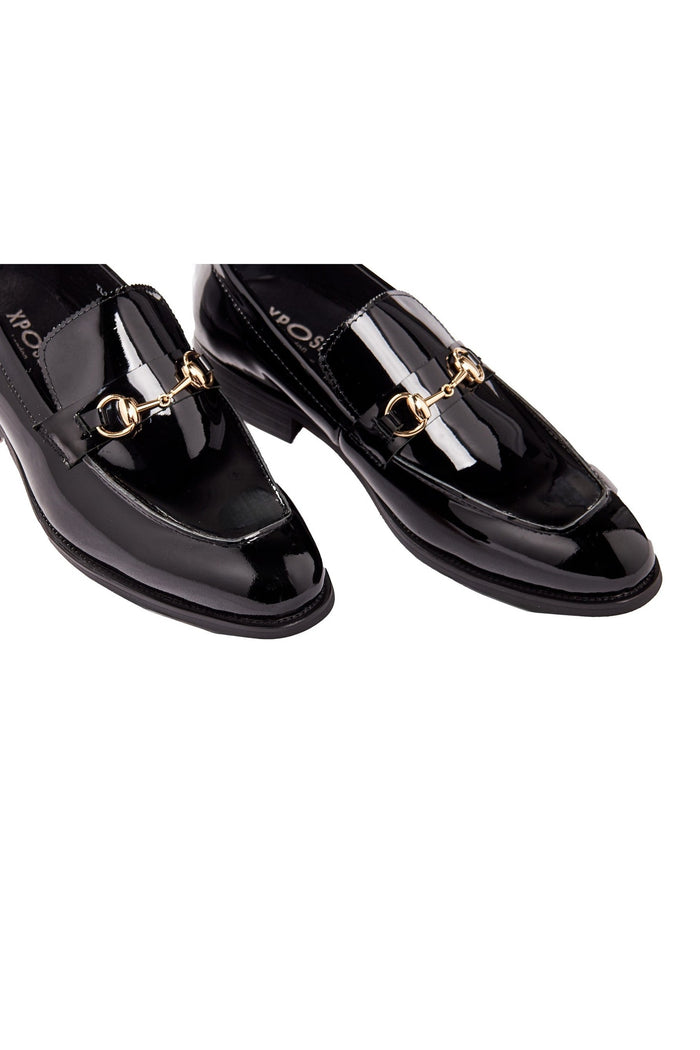 BLACK PATENT LEATHER GOLD BUCKLE LOAFERS