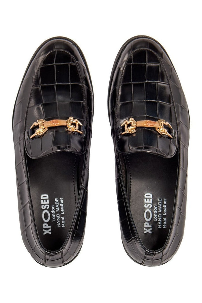 BLACK PRINTED GOLD BUCKLE LOAFERS