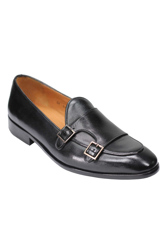 Black Real Leather Double Monk Shoes