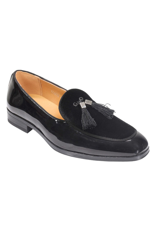 BLACK SHINY FAUX LEATHER TASSEL LOAFERS