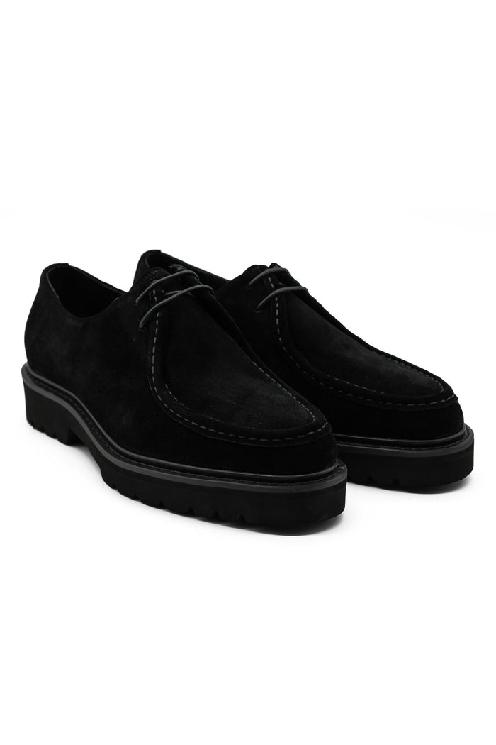 Black Suede Derby Shoes Moc Toe Chunky Sole