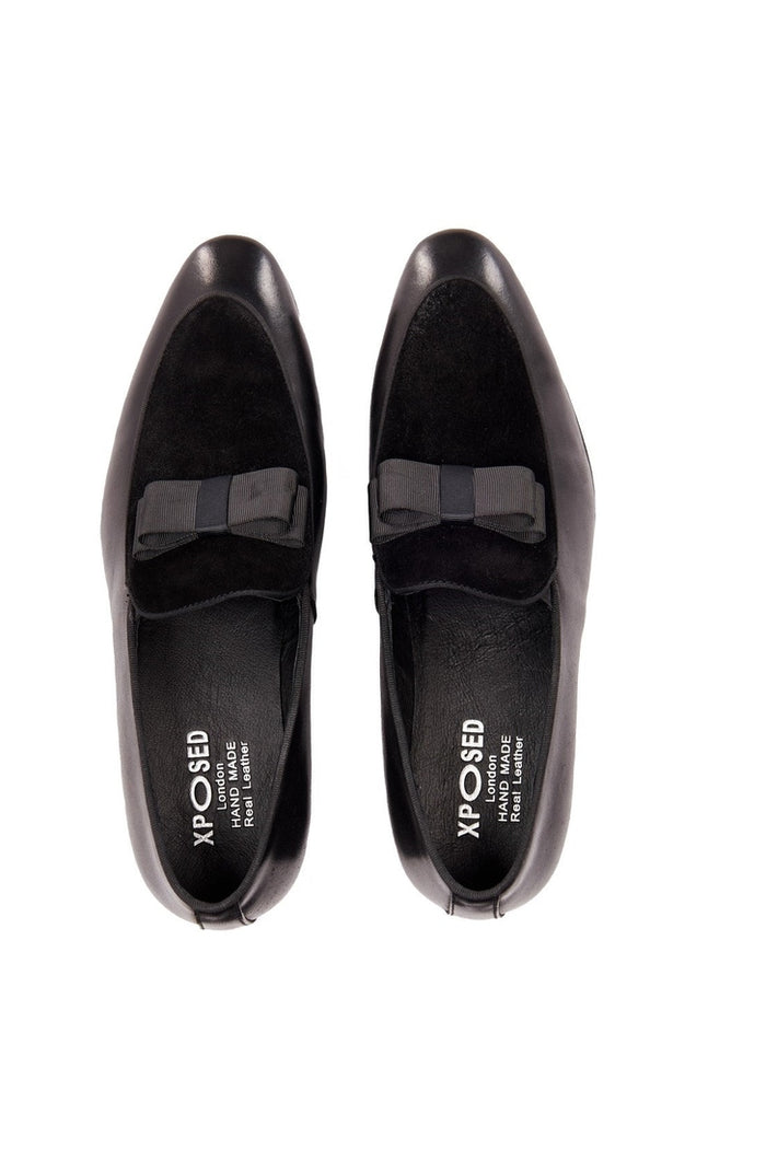 BLACK SUEDE & LEATHER BOW TIE LOAFERS