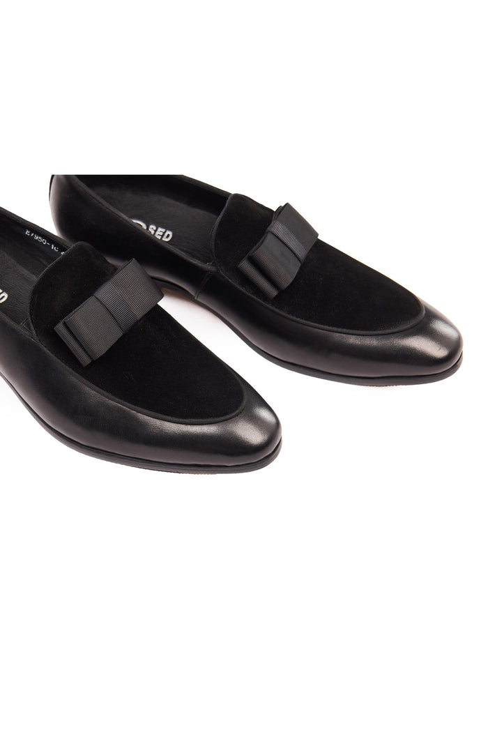 BLACK SUEDE & LEATHER BOW TIE LOAFERS