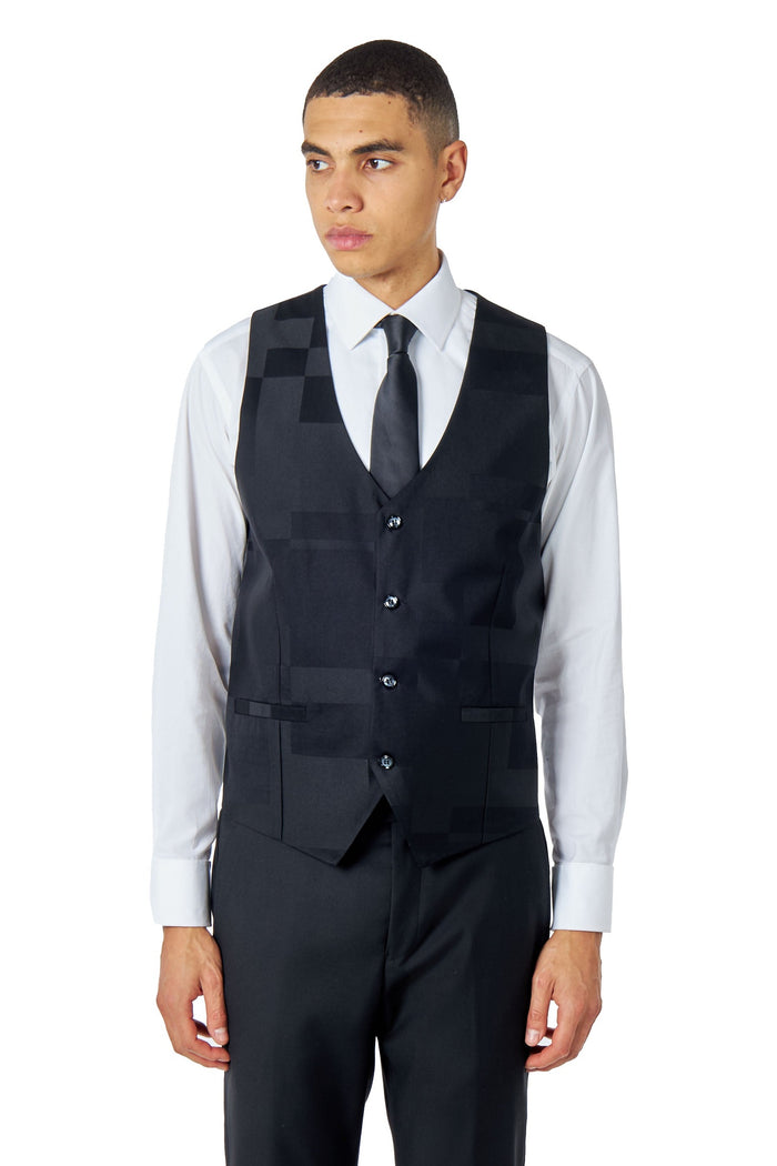 Men's Black Geo Pattern 4 Piece Suit Bundle – Jacket, Waistcoat, Trousers & Shirt