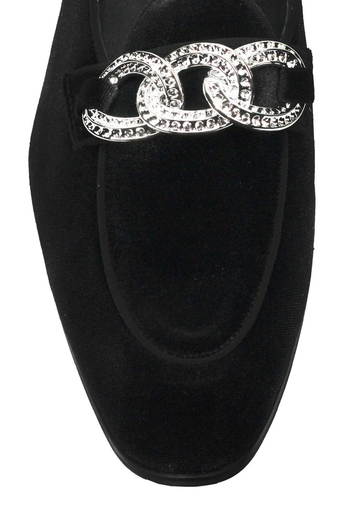 BLACK VELVET LOAFERS WITH DIAMOND CHAIN BUCKLE