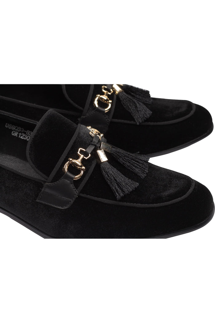 BLACK VELVET TASSEL LOFERS METAL SNAFFLE BUCKLE