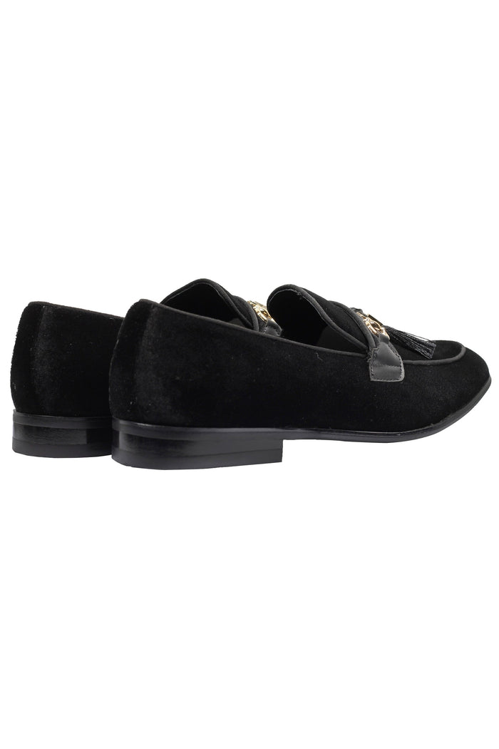 BLACK VELVET TASSEL LOFERS METAL SNAFFLE BUCKLE