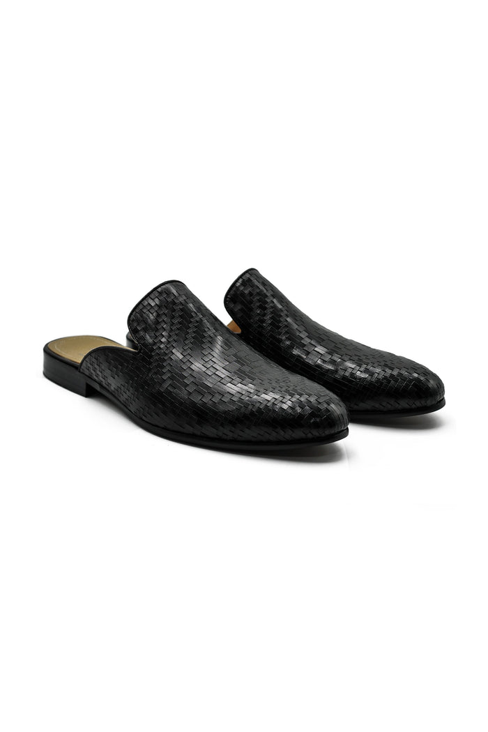Black Woven Embossed Leather Half Mules