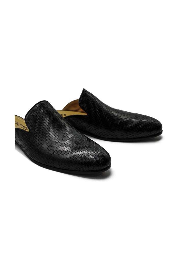 Black Woven Embossed Leather Half Mules