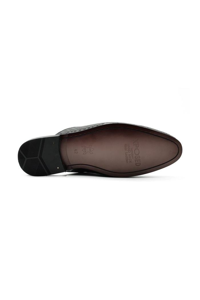 Black Woven Embossed Leather Half Mules
