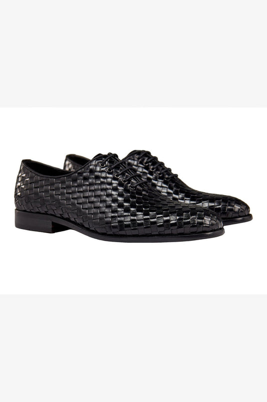 BLACK WOVEN LEATHER OXFORDS