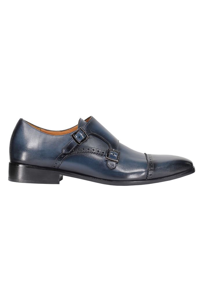 BLUE CALF LEATHER SEMI BROGUE MONK SHOES