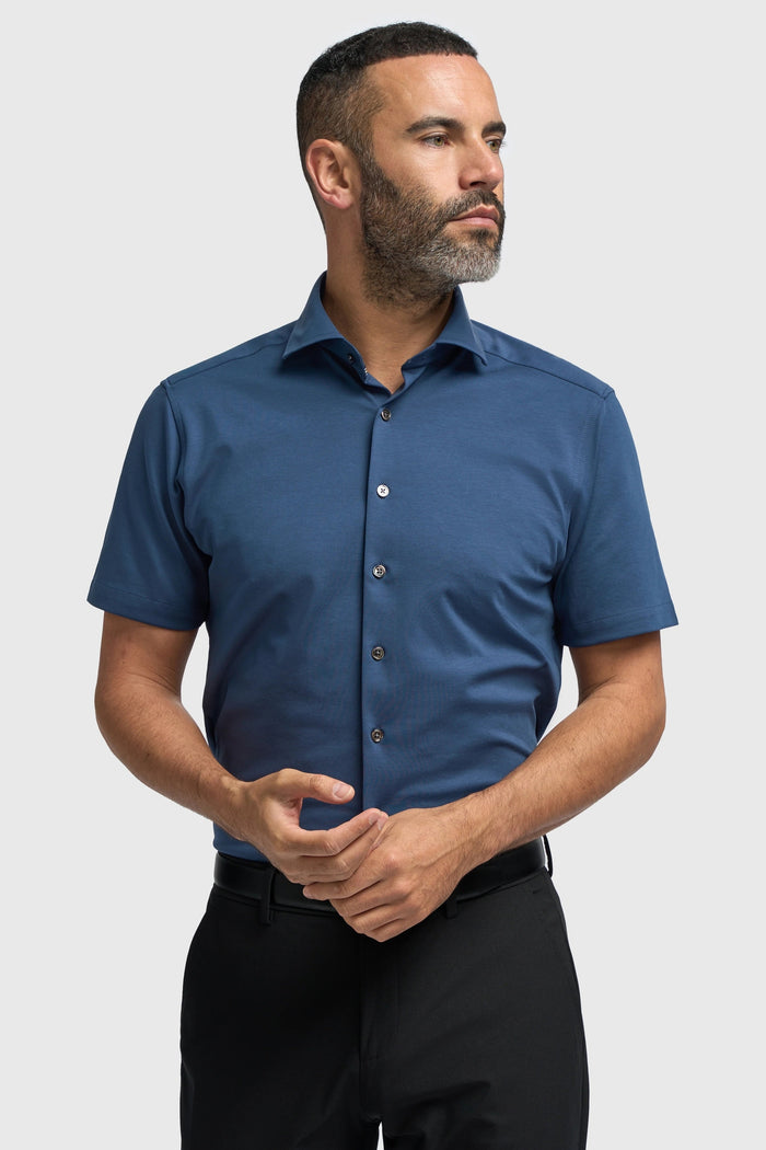 Blue Cotton Stretch Slim Fit Shirt – Short Sleeve