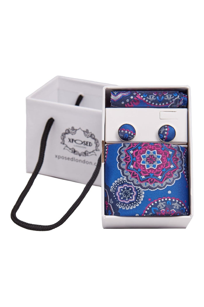 BLUE FLORAL PAISLEY NECK TIE SET