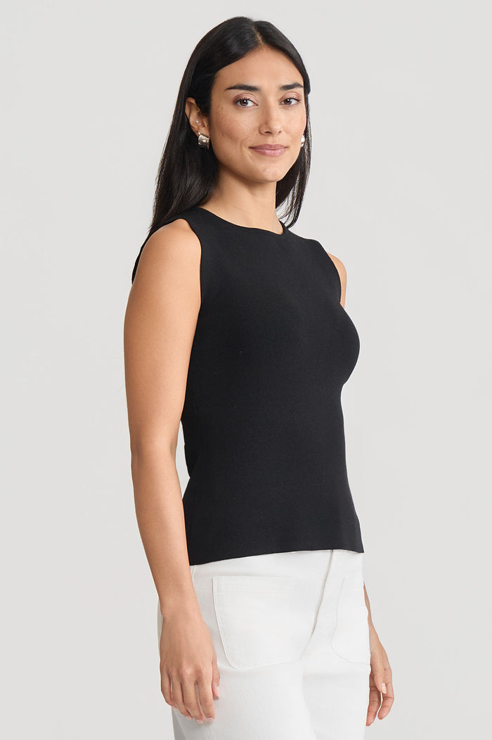 Boat Neck Soft Knit Ribbed Tank, Black, Black | Ming Wang