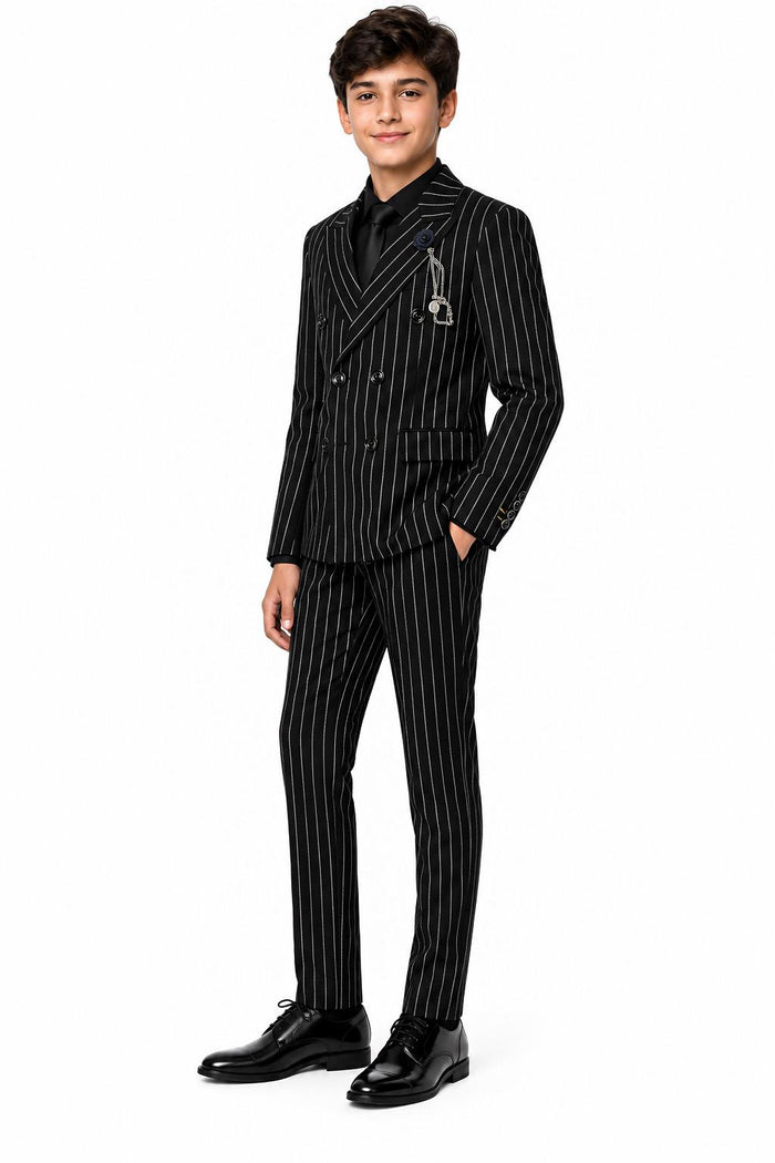 Boys Alfred Black & White Pinstripe Double Breasted 2 Piece Suit with Lapel Pin