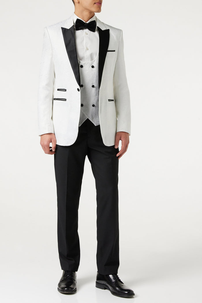 BRIAN - Floral Jacquard Print White Tuxedo Jacket With Waistcoat