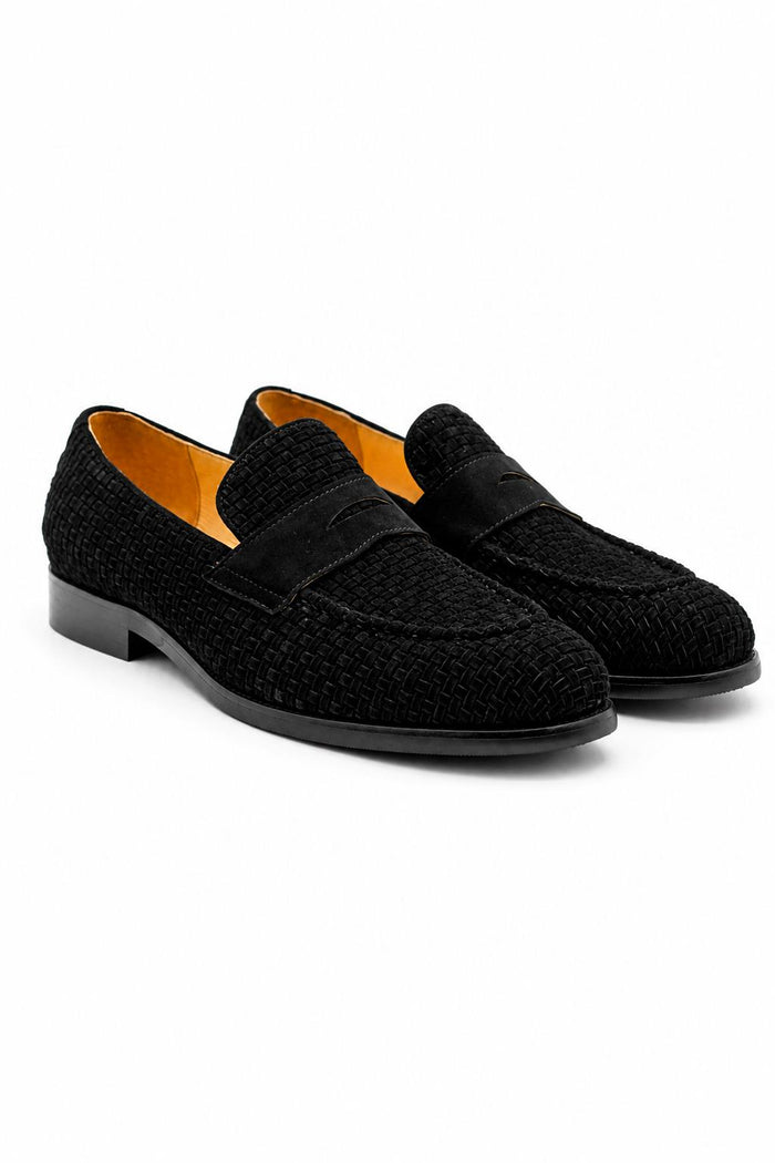BRIO Men’s Black Woven Suede Leather Penny Loafers