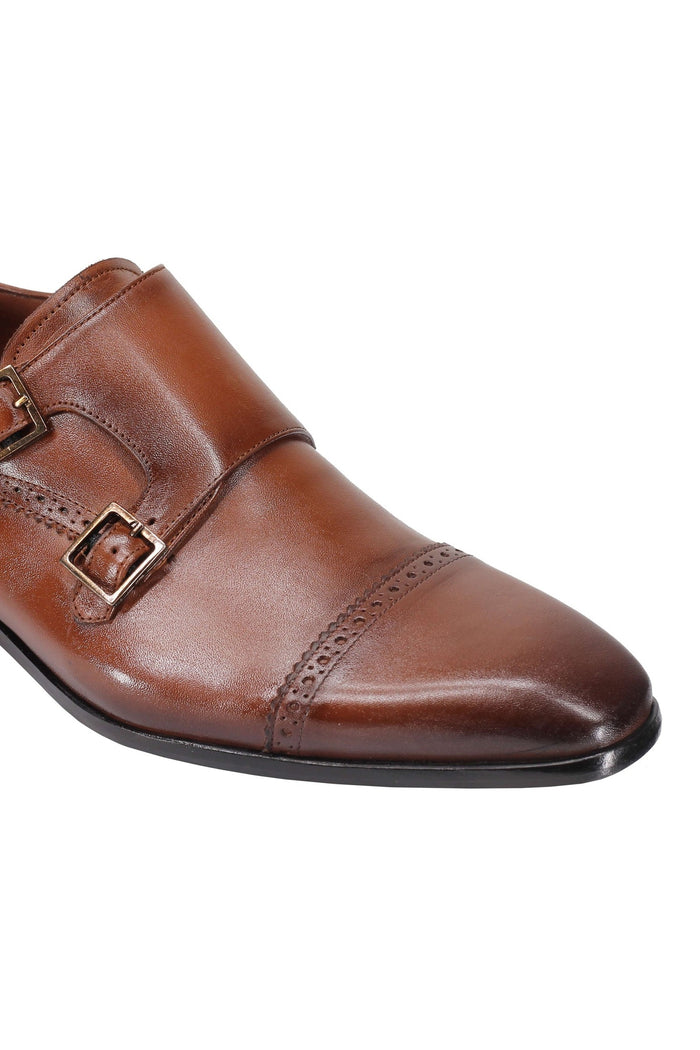 BROWN CALF LEATHER SEMI BROGUE MONK SHOES