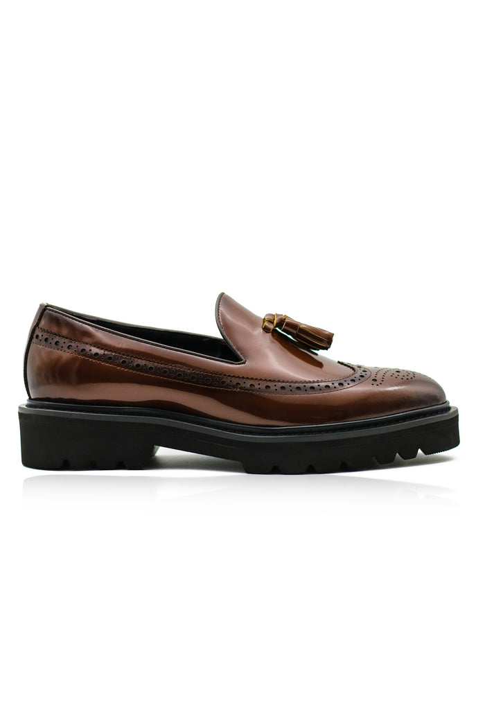 BROWN GLOSS POLISHED LEATHER TASSEL LOAFERS