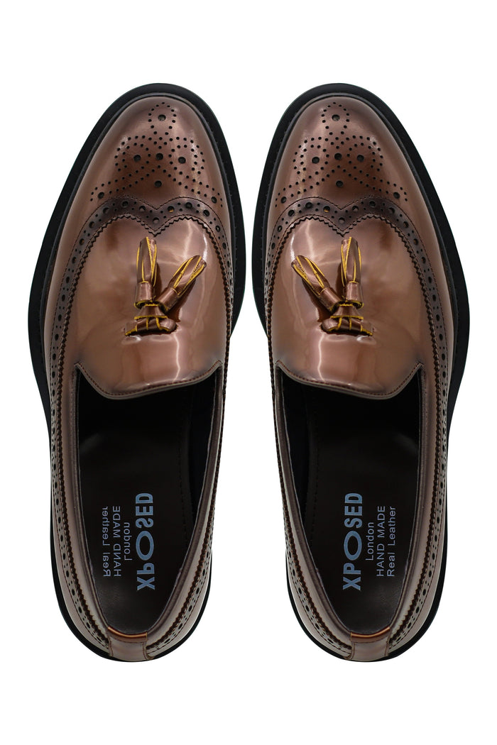 BROWN GLOSS POLISHED LEATHER TASSEL LOAFERS