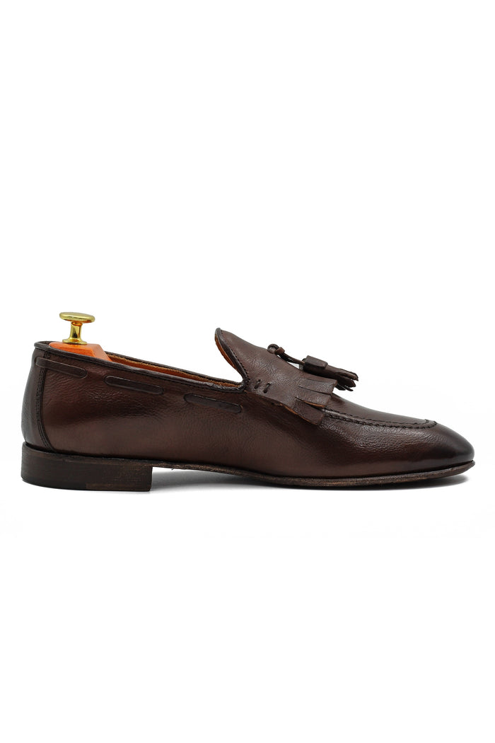 BROWN ITALIAN LEATHER COLLAPSIBLE KILTIE TASSEL LOAFER