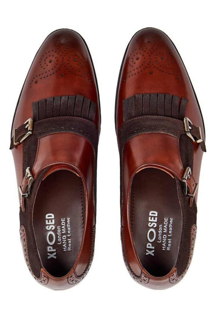 BROWN LEATHER & SUEDE DOUBLE MONK SHOES