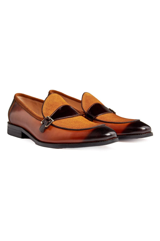 BROWN LEATHER & SUEDE MONK SHOES