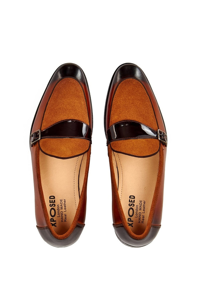 BROWN LEATHER & SUEDE MONK SHOES