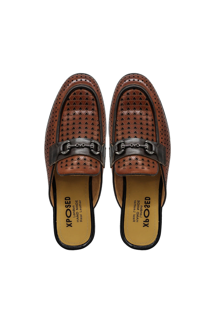 Brown Real Leather Half Shoes with Snaffle Buckle