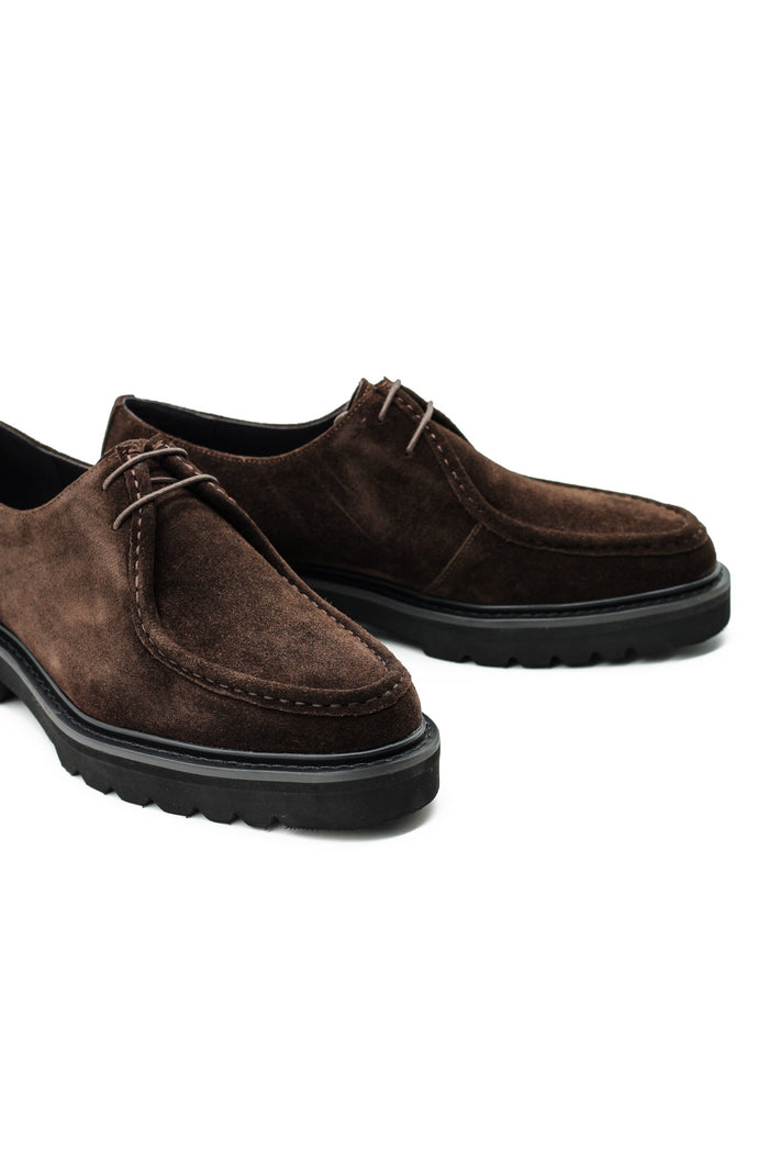Brown Suede Derby Shoes Moc Toe Chunky Sole