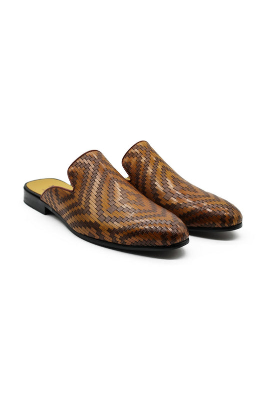 Brown Woven Embossed Leather Half Mules