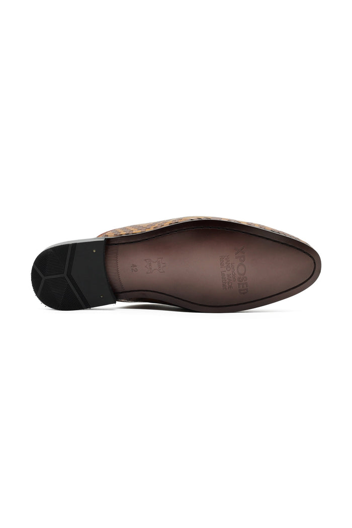 Brown Woven Embossed Leather Half Mules