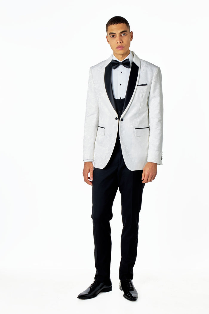BRUCE – 3 PIECE TUXEDO SUIT WHITE FLORAL PAISLEY PRINT