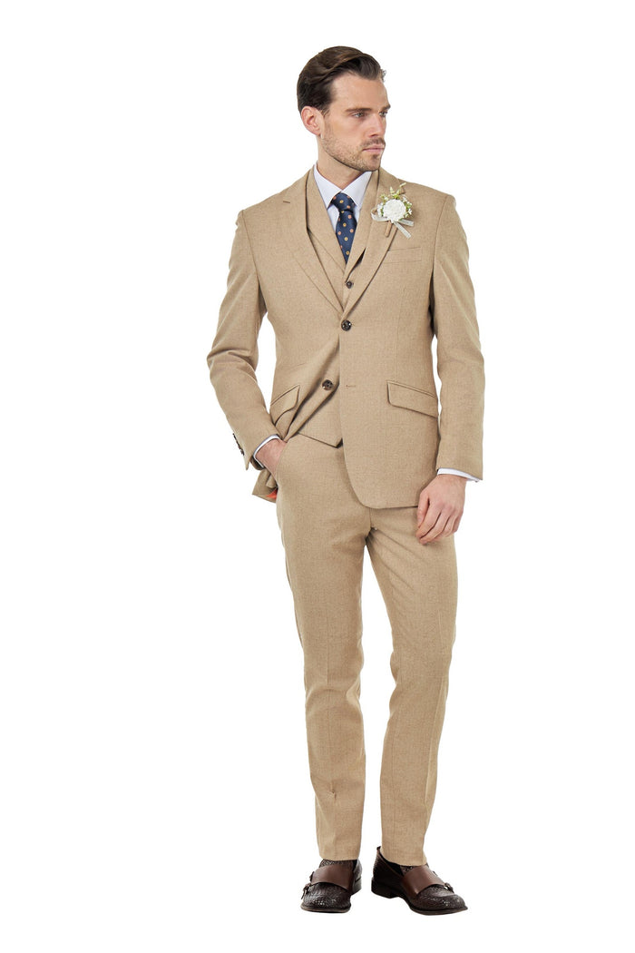 BRUCE – TAILORED 3 PIECE SUIT IN WOOL RICH STONE HERRINGBONE