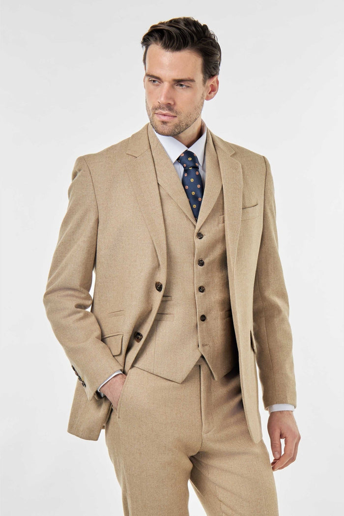 BRUCE – TAILORED 3 PIECE SUIT IN WOOL RICH STONE HERRINGBONE