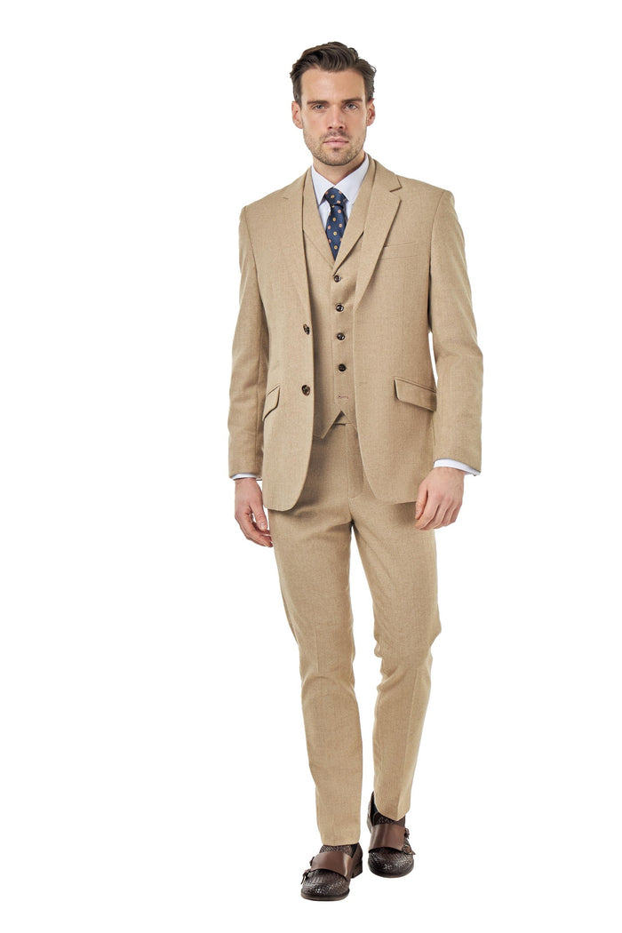BRUCE – TAILORED 3 PIECE SUIT IN WOOL RICH STONE HERRINGBONE