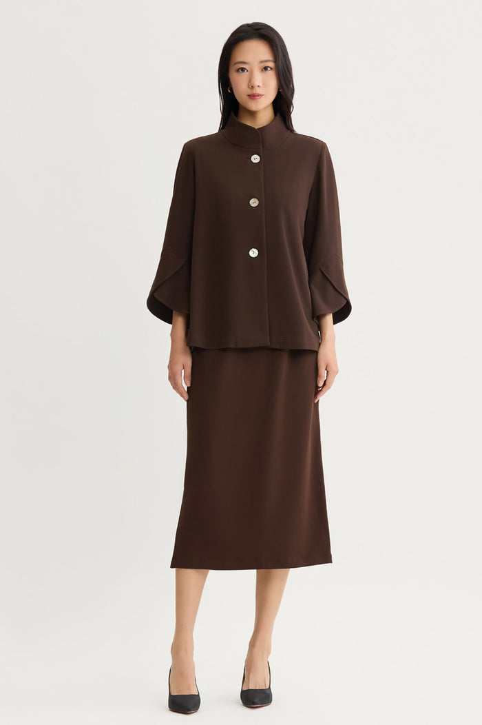 Button-Front Bell Sleeve Deco Crepe Jacket, Dark Umber, Dark Umber | Ming Wang
