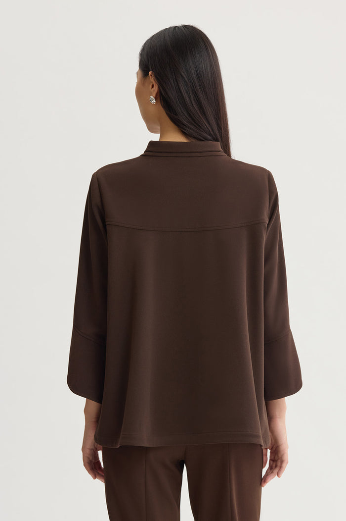 Button-Front Bell Sleeve Deco Crepe Jacket, Dark Umber, Dark Umber | Ming Wang