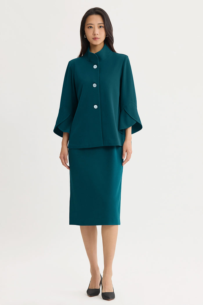 Button-Front Bell Sleeve Deco Crepe Jacket, Deep Teal, Deep Teal | Ming Wang