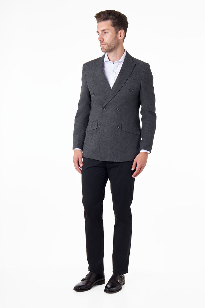 CALIX – Dark Grey Herringbone Tailored Double Breasted Blazer