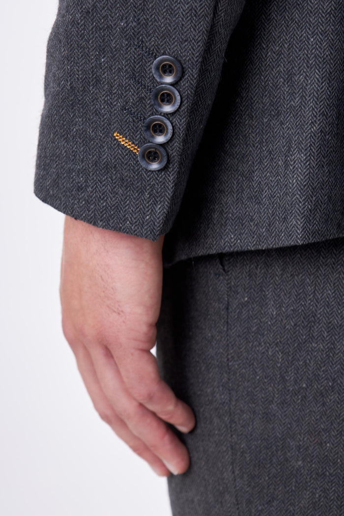 CALIX – Dark Grey Herringbone Tailored Double Breasted Blazer