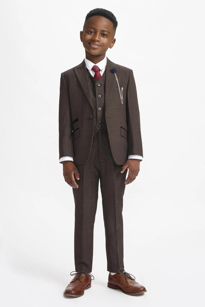 CARIDI – BROWN TWEED CHECK BOYS 3 PIECE SUIT