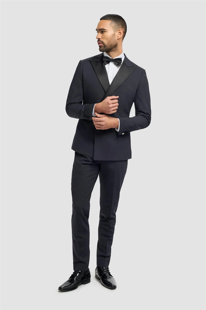 Aspen Men’s Navy Double Breasted Tuxedo Suit – Peak Lapel 2 Piece