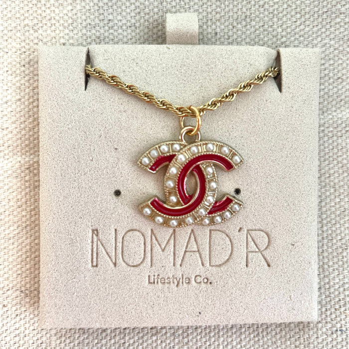 CC Pearl Enamel Necklace- RED