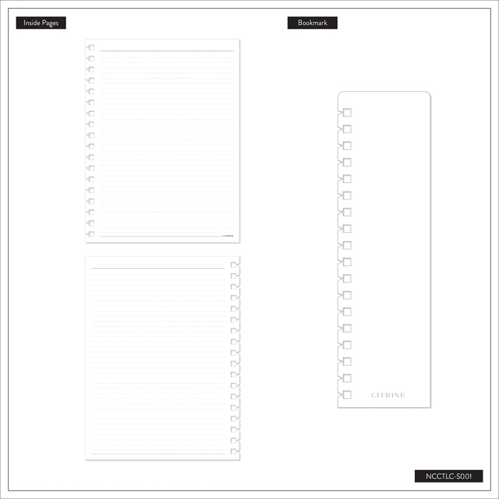 Citrine - Navy - Classic Customizable Spiral Notebook showing lined filler paper and a bookmark for journaling and planning