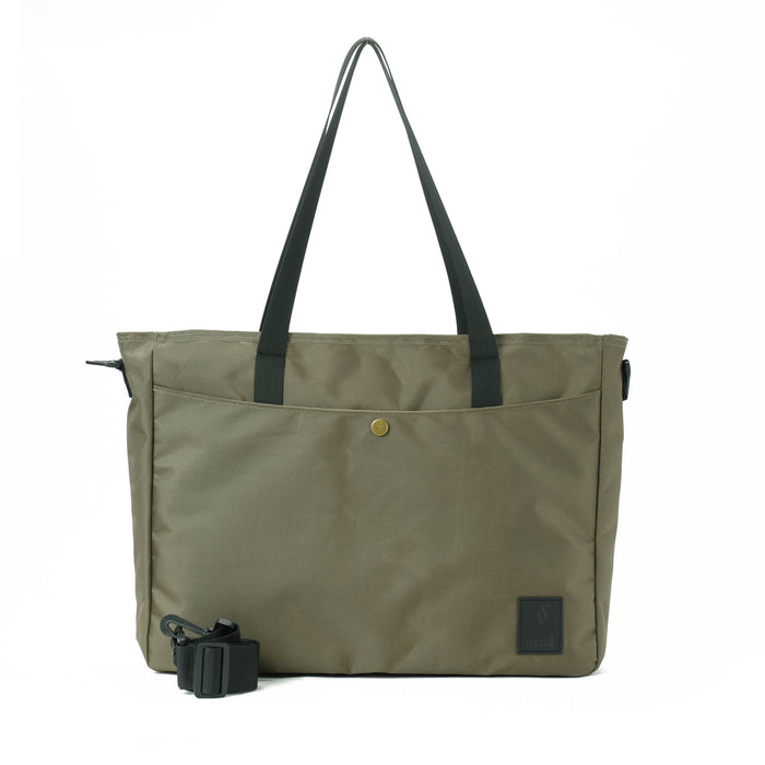 Olive green tote bag with black handles, front pocket, and detachable shoulder strap