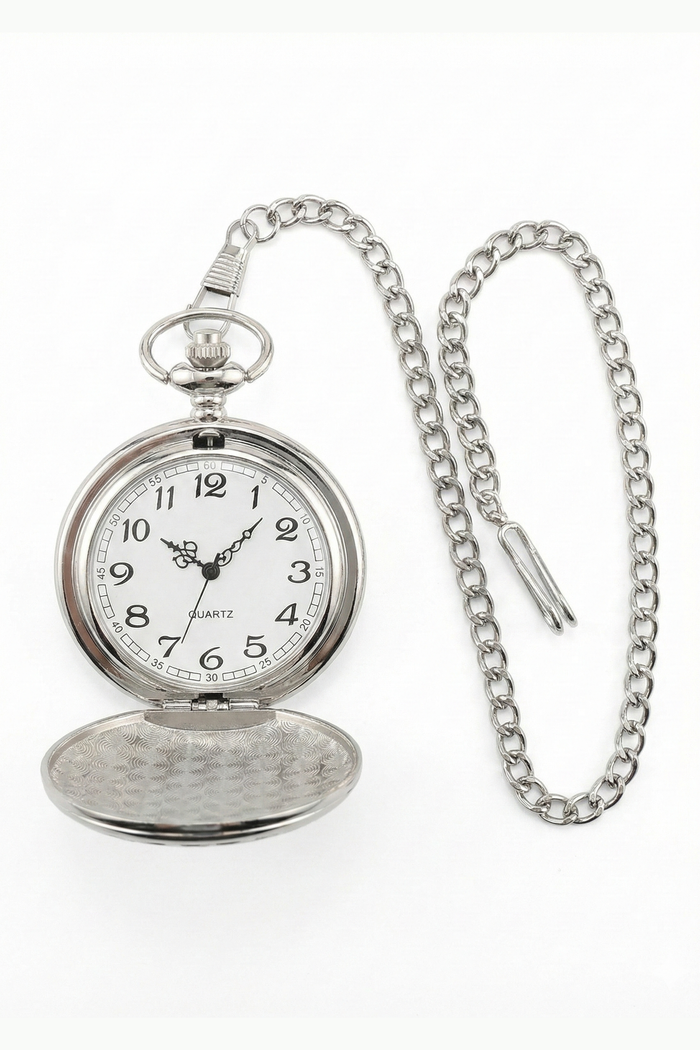 Classic 1920s Retro Pocket Watch & Chain – Silver Chrome