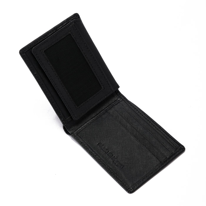 Open black leather wallet with card slots and ID window on white background